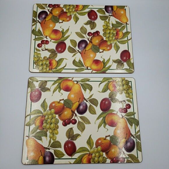 Cork Back Place Mats Fruit Harvest Vtg Plum Apple Green Grapes Pear Peach 2PC - Picture 1 of 16